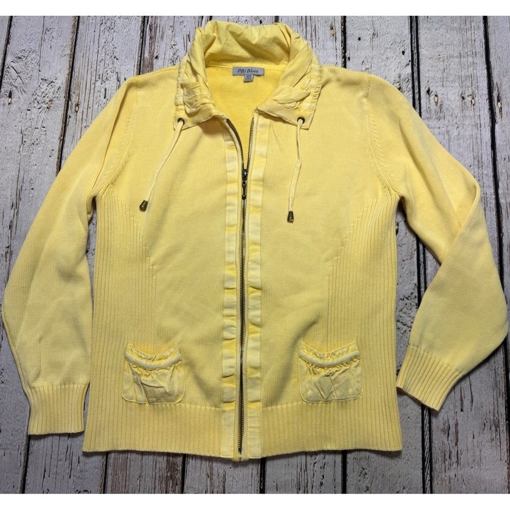 VTG PBJ Blues Bright Yellow Full Zip Sweater Pockets Collar Drawstring Women's M